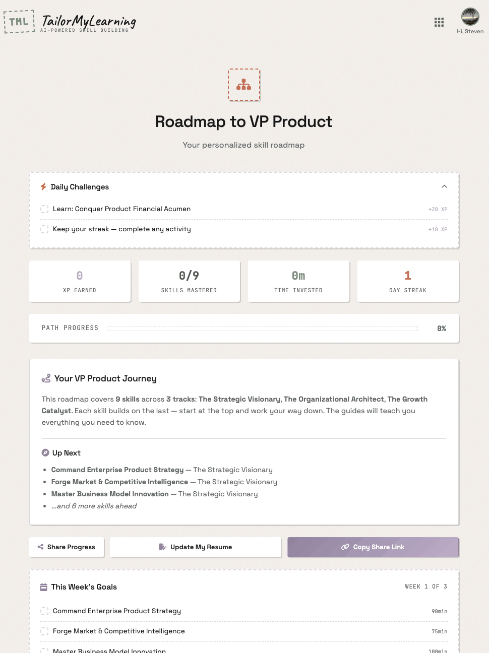 Tailor My Learning AI-powered skill building dashboard