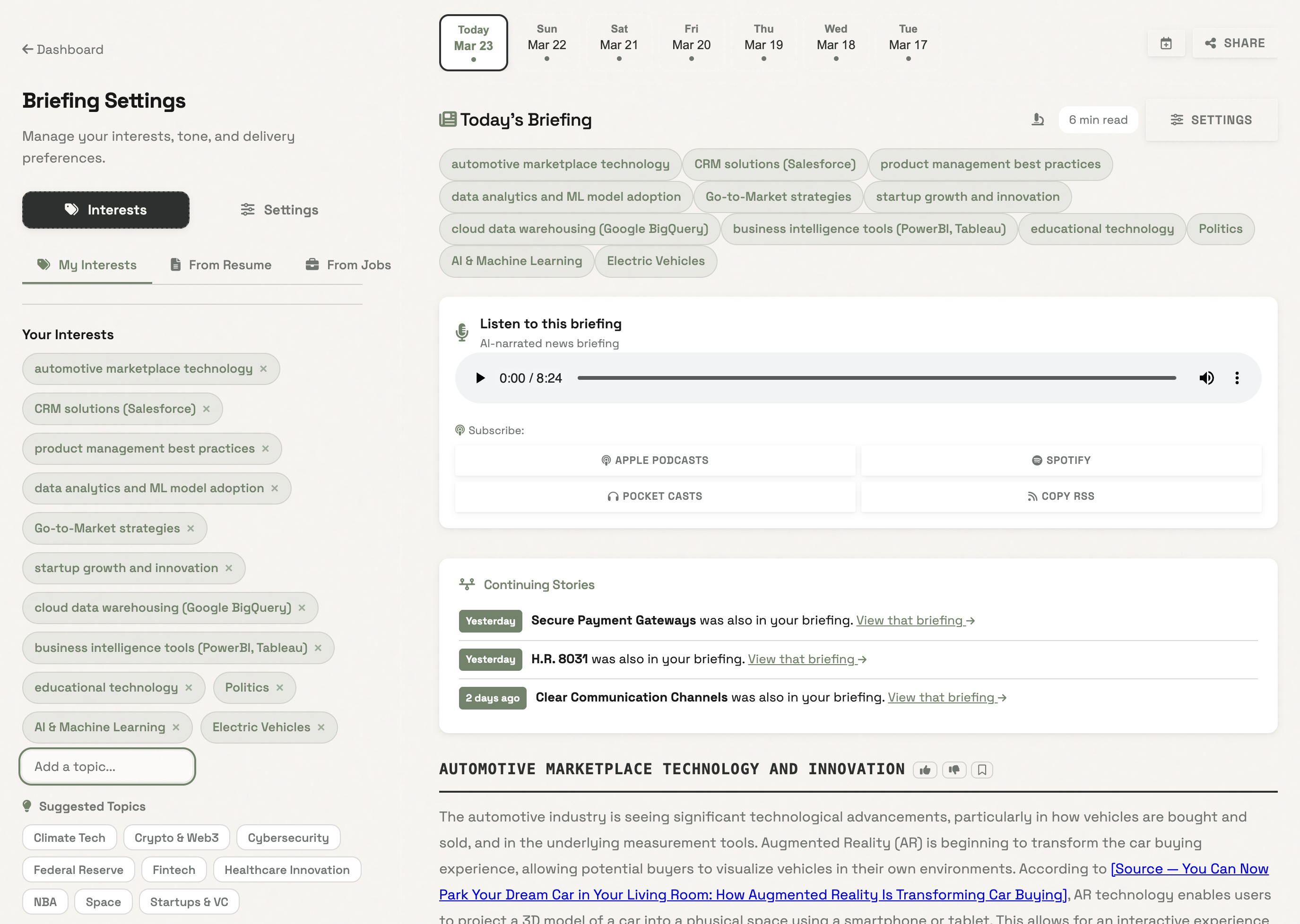 Tailor My News personalized career briefing interface